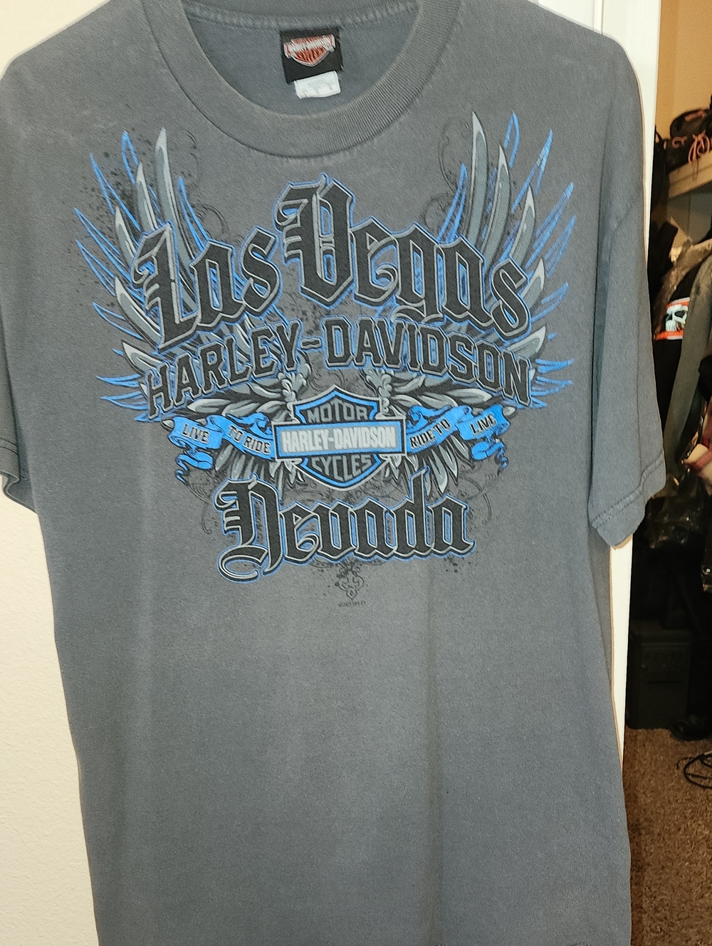 Harley-Davidson Gray Tee with Blue Graphic — Las Vegas